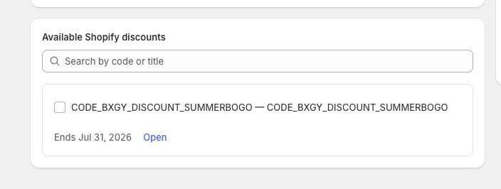 Coupon List Lite screen for selecting active Shopify discounts