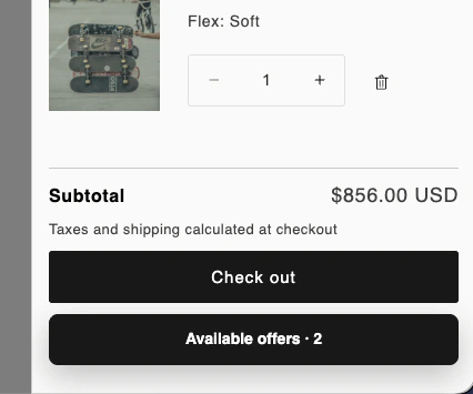 Available offers button embedded below checkout in a Shopify cart drawer
