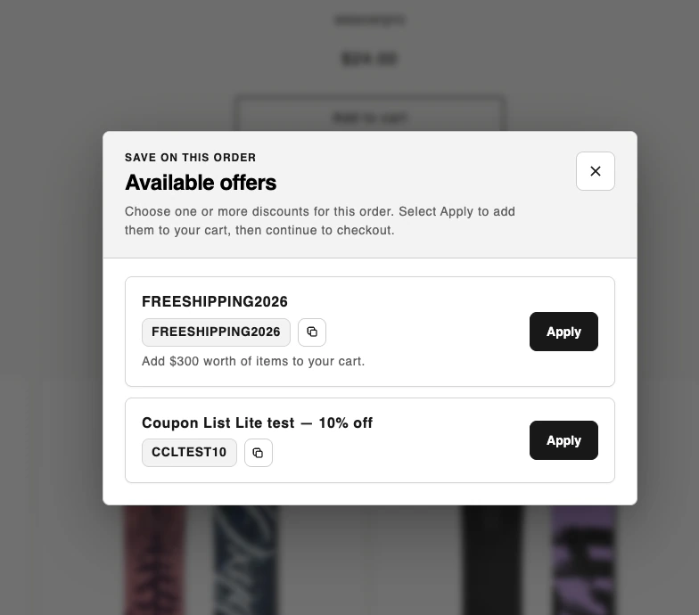 Storefront popup showing available discount codes and apply buttons