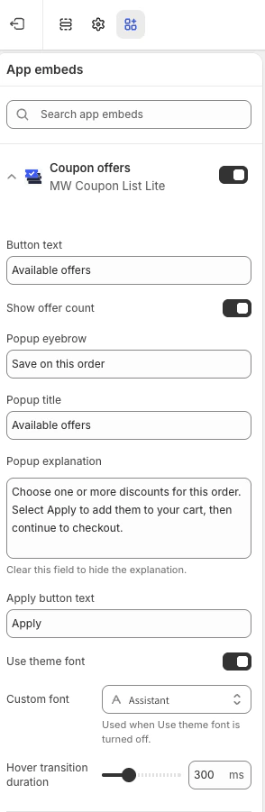 Coupon offers app embed enabled in the Shopify theme editor